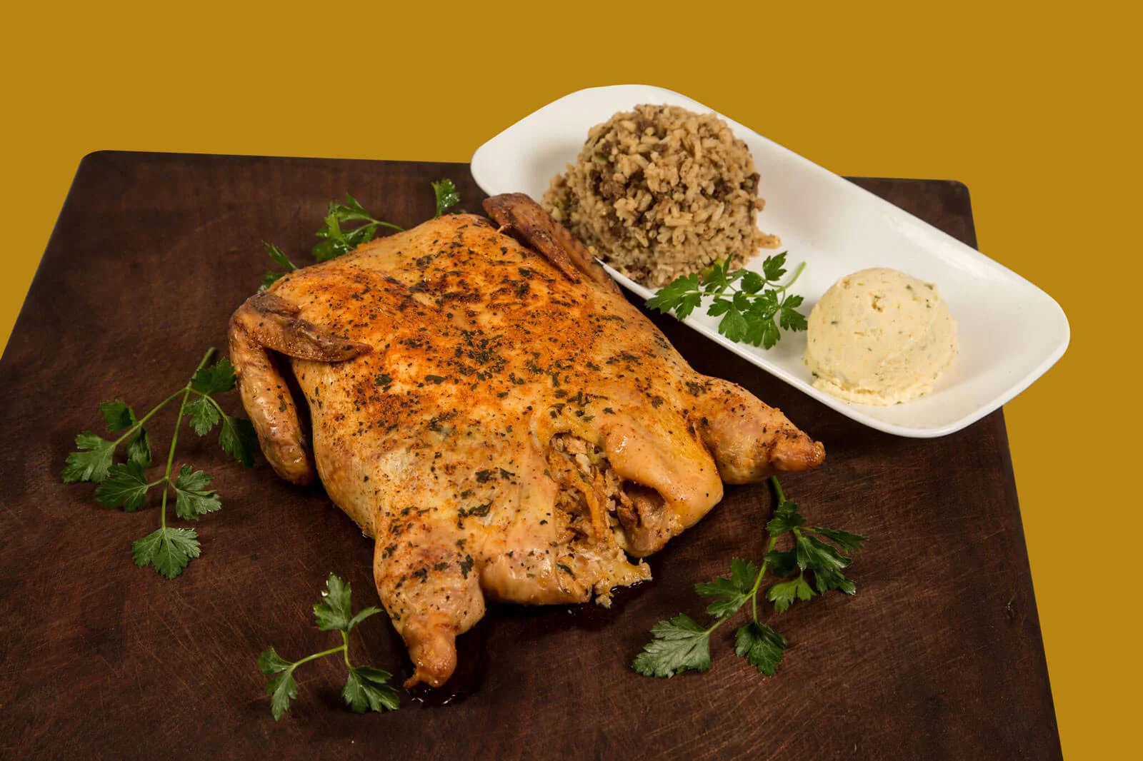 Herbed roasted chicken with rice and mashed potatoes